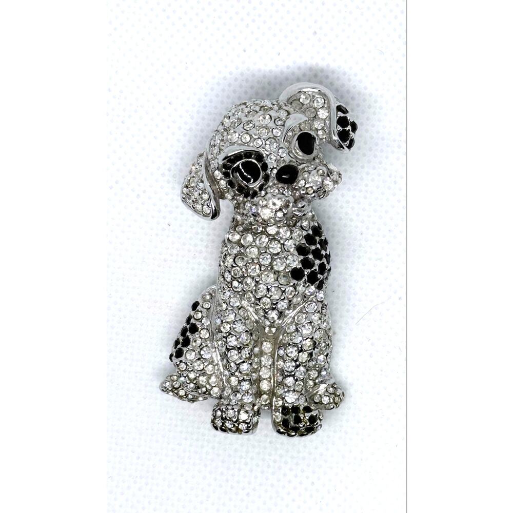 Vintage Silver Tone Pavé Crystal Puppy Dog Brooch Pin